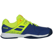 Load image into Gallery viewer, Babolat Pulsion All Court JUNIORS &amp; Ladies Blue Neon Yellow Tennis Shoes

