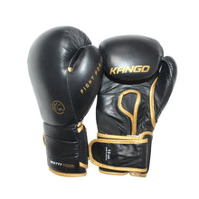 Load image into Gallery viewer, Kango Martial Arts Unisex Adult Black Golden Leather Boxing Gloves + 3 Meters Bandage WS

