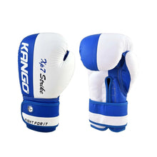 Load image into Gallery viewer, Kango Martial Arts Unisex Adult Blue White Leather Boxing Gloves + 3 Meters Bandage WS
