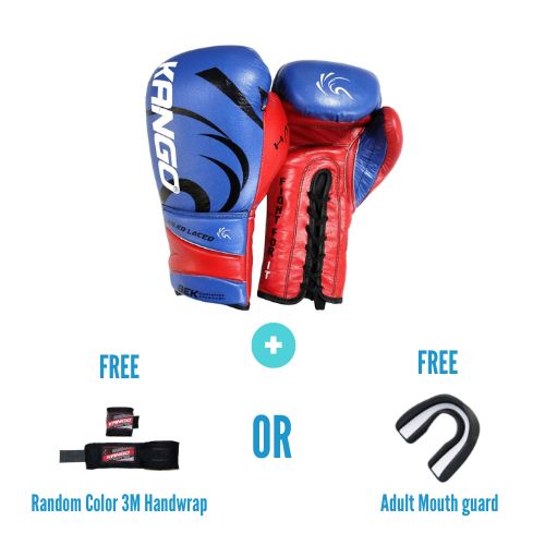 Kango Martial Arts Unisex Adult Blue Red Leather Boxing Gloves + 3 Meters Bandage or Mouth Guard WS