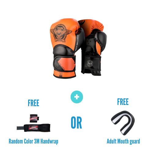 Wolon Martial Arts Unisex Adult Orange Black Leather Boxing Gloves + 3 Meters Bandage or Mouth Guard WS