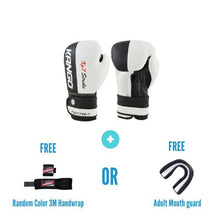 Load image into Gallery viewer, Kango Martial Arts Unisex Adult White Leather Boxing Gloves + 3 Meters Bandage or Mouth Guard WS
