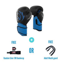 Load image into Gallery viewer, Kango Martial Arts Unisex Adult Blue Black Leather Boxing Gloves + 3 Meters Bandage or Mouth Guard WS
