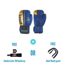 Load image into Gallery viewer, Kango Martial Arts Unisex Adult Blue Gold Leather Boxing Gloves + 3 Meters Bandage or Mouth Guard WS
