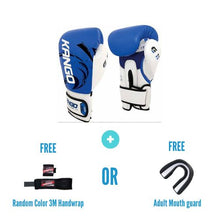 Load image into Gallery viewer, Kango Martial Arts Unisex Adult Blue White Leather Boxing Gloves + 3 Meters Bandage or Mouth Guard WS
