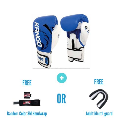Kango Martial Arts Unisex Adult Blue White Leather Boxing Gloves + 3 Meters Bandage or Mouth Guard WS