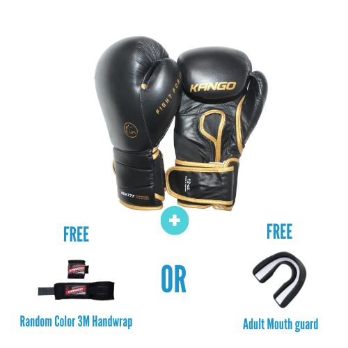 Kango Martial Arts Unisex Adult Black Golden Leather Boxing Gloves+ 3 Meters Bandage or Mouth Guard WS