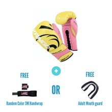 Load image into Gallery viewer, Kango Martial Arts Unisex Adult Yellow Pink Leather Boxing Gloves + 3 Meters Bandage or Mouth Guard WS
