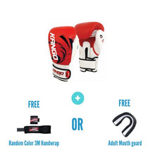 Load image into Gallery viewer, Kango Martial Arts Unisex Adult Red White Leather Boxing Gloves + 3 Meters Bandage or Mouth Guard WS
