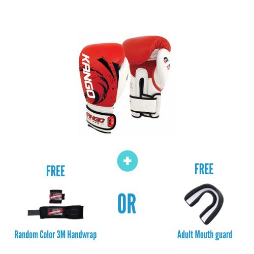 Kango Martial Arts Unisex Adult Red White Leather Boxing Gloves + 3 Meters Bandage or Mouth Guard WS