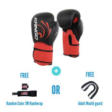Load image into Gallery viewer, Kango Martial Arts Unisex Adult Red Black Leather Boxing Gloves + 3 Meters Bandage or Mouth Guard WS

