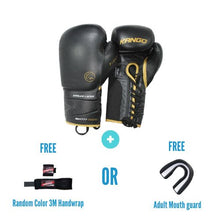 Load image into Gallery viewer, Kango Martial Arts Unisex Adult Black Gold Leather Boxing Gloves + 3 Meters Bandage or Mouth Guard WS
