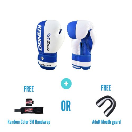 Kango Martial Arts Unisex Adult Blue White Leather Boxing Gloves + 3 Meters Bandage or Mouth Guard WS