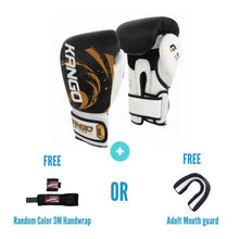 Load image into Gallery viewer, Kango Martial Arts Unisex Adult Black White Leather Boxing Gloves + 3 Meters Bandage or Mouth Guard WS
