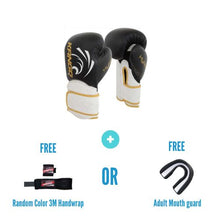 Load image into Gallery viewer, Kango Martial Arts Unisex Adult White Black Leather Boxing Gloves + 3 Meters Bandage or Mouth Guard WS
